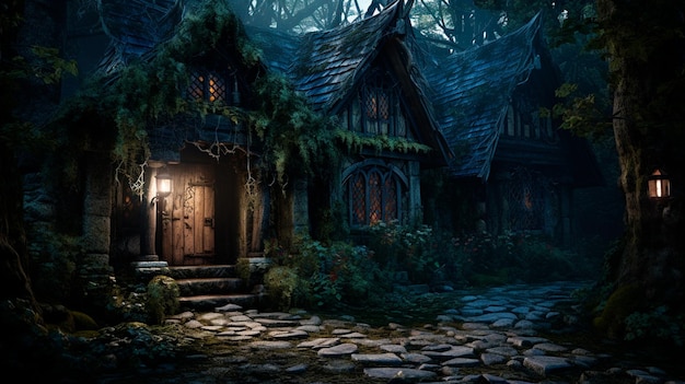 foresta buia con vecchia casa scena notturna generativa AI