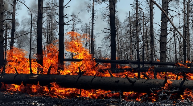 Foresta completamente in fiamme con alberi caduti