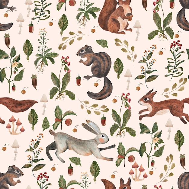 Foresta con animali lepre scoiattolo chipmunk motivo senza giunture Illustrazione acquerello in stile cartoon