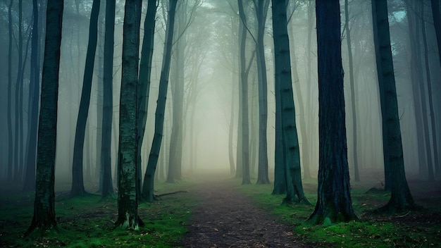 Foresta con molti alberi e nebbia