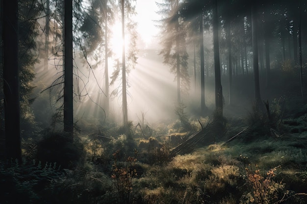 Foresta con nebbia che sale dagli alberi in una mattinata nebbiosa creata con l'IA generativa