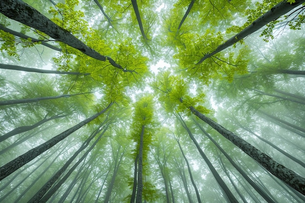 Foresta con nebbia vista dal basso