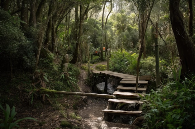 Foresta con percorso di papere che conduce i visitatori al tesoro nascosto