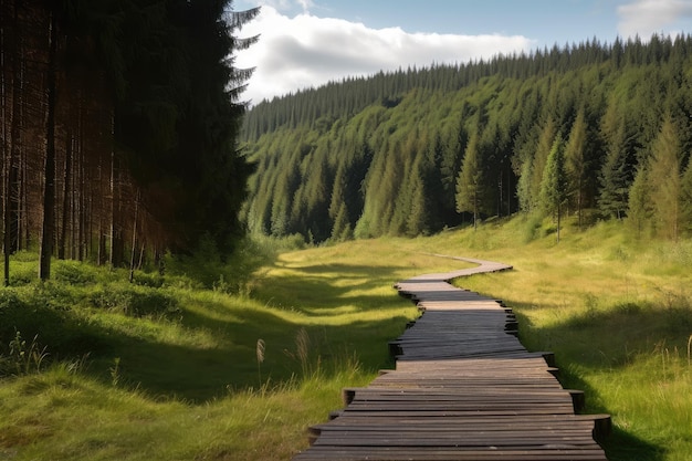 Foresta con percorso di papere e dolci colline sullo sfondo