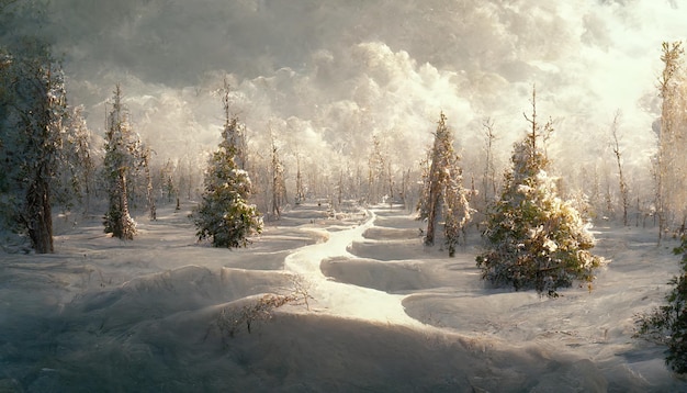 Foresta con tronchi d'albero di neve bianca e sentiero in inverno