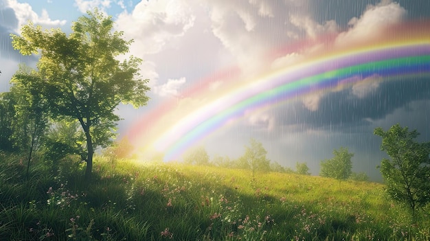 Foresta con un arcobaleno Verdi arco di pioggia colore cielo sole fagiano spettro dispersione prisma leprechaun fenomeno acqua Generato da AI