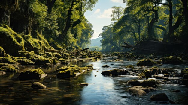 foresta con un ruscello e il sole splende attraverso gli alberi