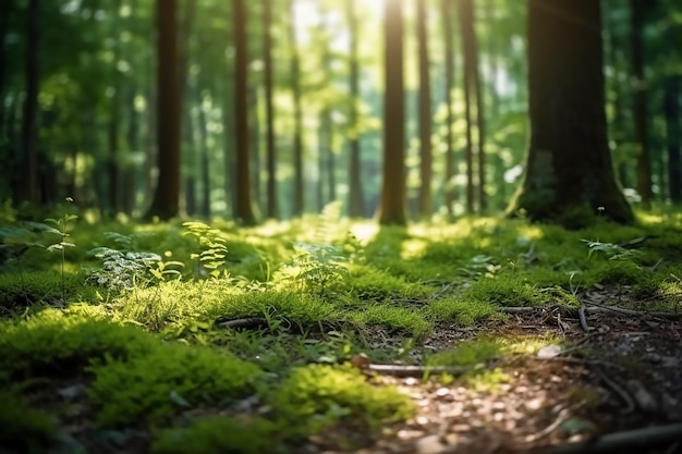 Foresta con un tappeto verde di muschio e il sole che splende attraverso gli alberi