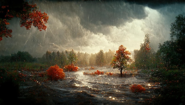 Foresta con un temporale un lago e alberi con foglie d'arancio sotto la pioggia