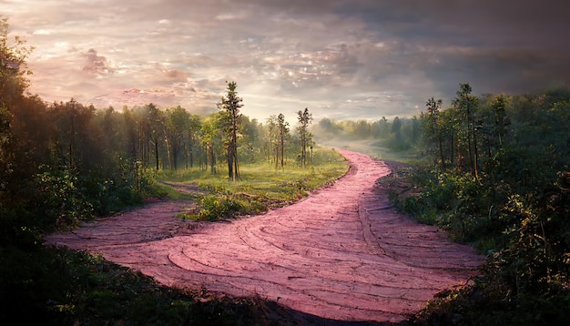 Foresta con una strada lungo alberi verdi sotto un cielo rosa