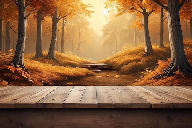foresta d'autunno dorata e scrivania in legno di spazio per la vostra decorazione