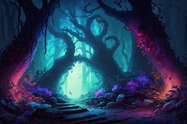 Foresta degli elfi con colori vivaci e illuminazione drammatica per un ambiente magico e mistico