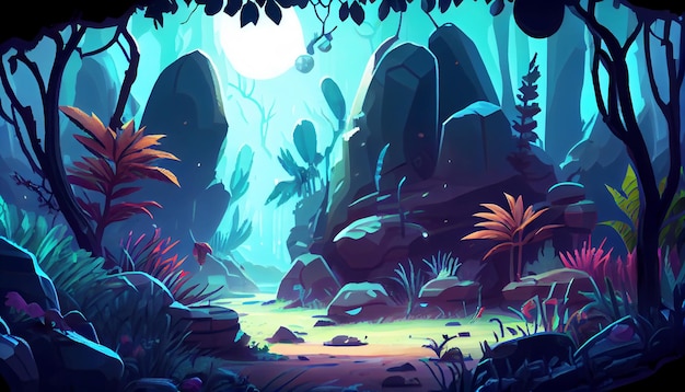 Foresta del pianeta alieno Ambiente di sfondo 2D per un gioco per cellulare Un paesaggio di sfondo orizzontale di alta qualità Posizione di progettazione del modello di gioco Generativo ai