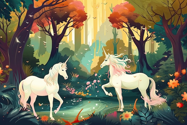 Foresta delle fiabe con unicorni ai generativa