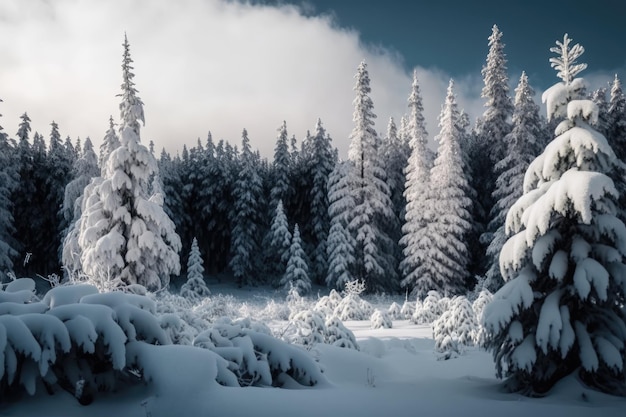 Foresta delle meraviglie invernali con alberi innevati IA generativa