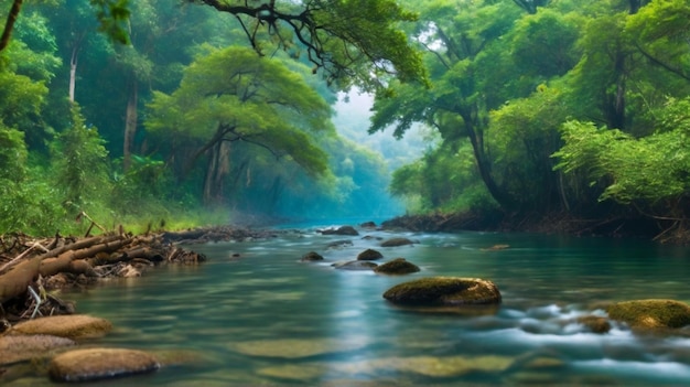 foresta densa con fiume che scorre immagine