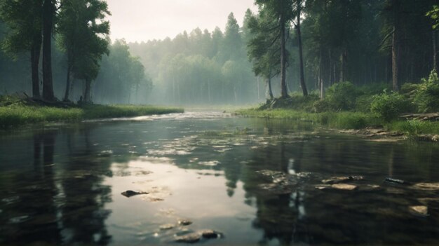 foresta densa con un fiume che scorre