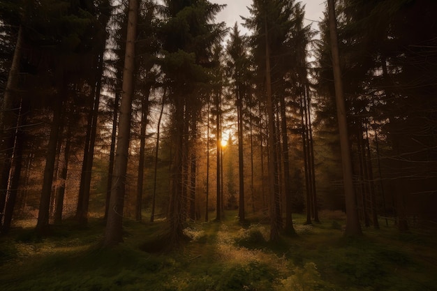 Foresta di abete rosso al tramonto con il sole al tramonto che proietta una calda luce arancione attraverso gli alberi