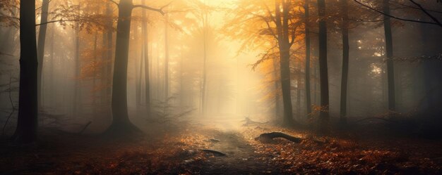 Foresta di autunno a foglia caduca nebbiosa Generativa ai