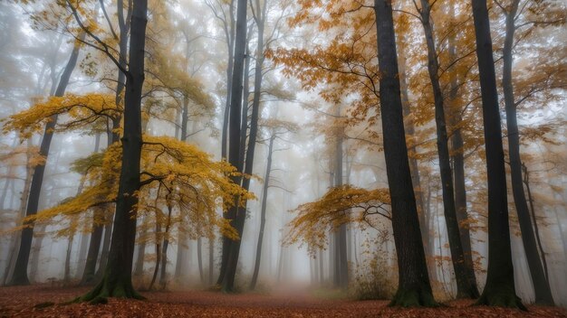 Foresta di autunno nebbiosa con alberi alti