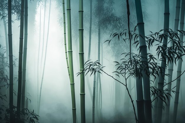 Foresta di bambù con nebbia nebbiosa che offre un ambiente mistico e pacifico