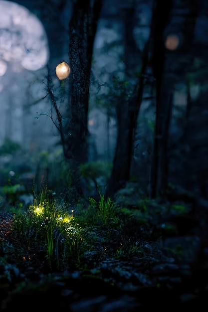 Foresta di fantasia da favola oscura Paesaggio forestale notturno con bagliori magici Illustrazione 3D al neon di luci notturne magiche della foresta astratta