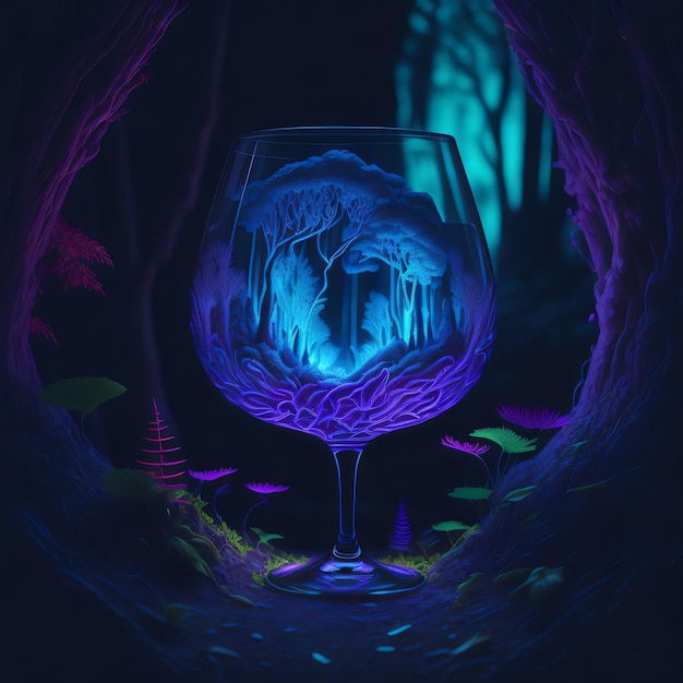 Foresta di fantasia in un bicchiere di vino neon luce realistica generativa ai