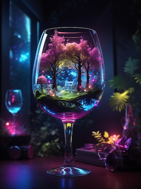 Foresta di fantasia in un bicchiere di vino