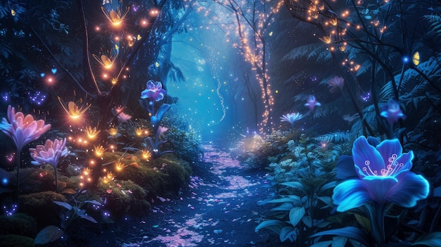 Foresta di favole al neon con fiori luminosi sentiero misterioso nel bosco oscuro magico piante luminose e luci nel paese delle meraviglie concetto di fantasia notte bellezza natura paesaggio arte