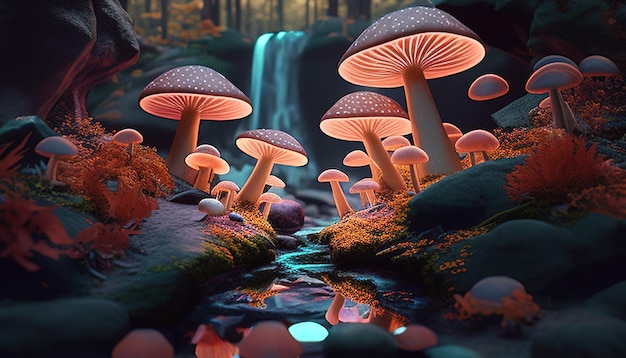 Foresta di funghi giganti illustrazione di arte digitale IA generativa