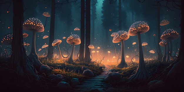 foresta di funghi incandescente
