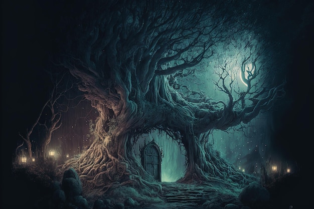 foresta di grandi alberi fantasy nell'oscurità della mitologia norrena