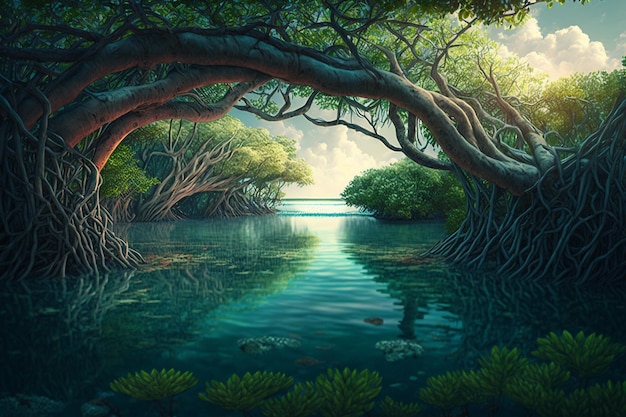 Foresta di mangrovie Fantasy art immagine di sfondo Arte generata da Ai