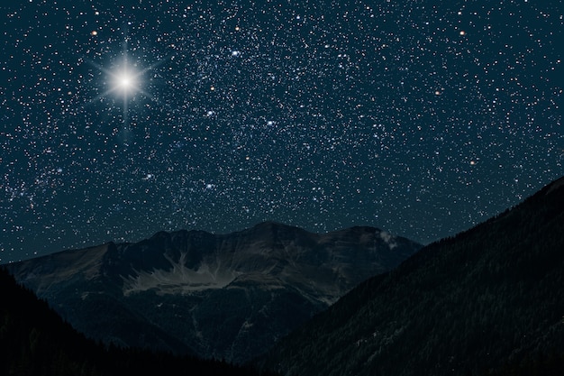 Foresta di montagna di notte, cielo con le stelle