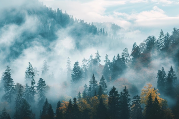 Foresta di montagna nebbiosa ideale per escursioni attive e esplorazioni all'aperto