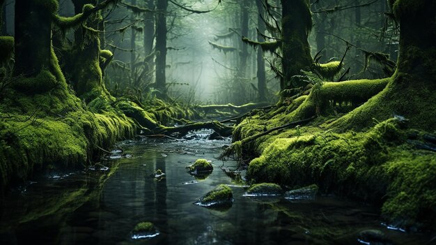 Foresta di muschio con alberi abbattuti nel profondo di un bosco mistico