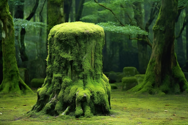 Foresta di muschio verde con un tronco di albero in una foresta nebbiosa