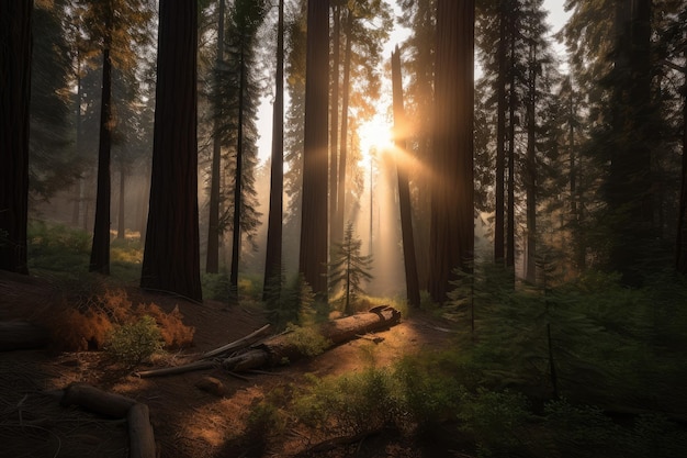 Foresta di sequoie all'alba con il sole che fa capolino all'orizzonte