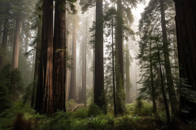 Foresta di sequoie con alberi torreggianti e nebbia nell'aria