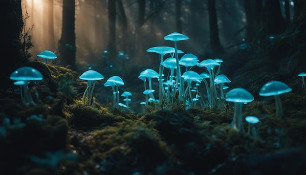 Foresta di un altro mondo con flora bioluminescente