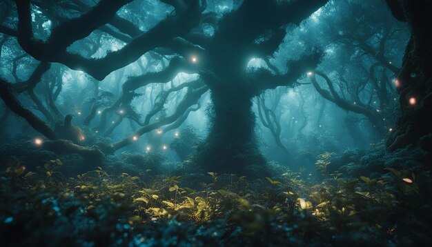 Foresta di un altro mondo con flora bioluminescente