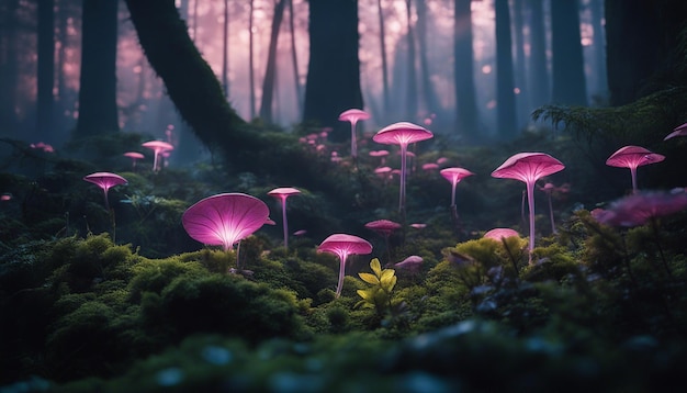 Foresta di un altro mondo con flora bioluminescente