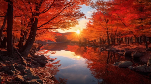 foresta dorata autunnale vicino al fiume al tramonto