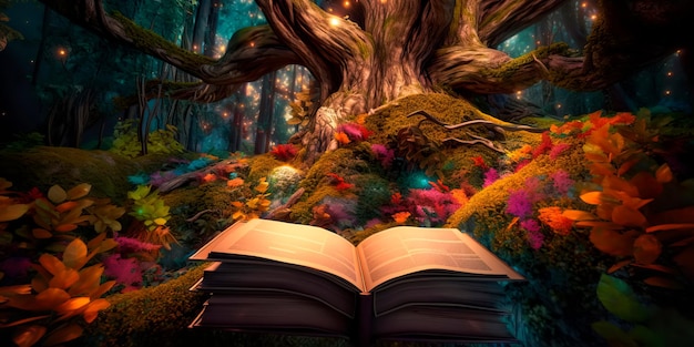 Foresta dove i libri crescono sugli alberi e le loro pagine sono fatte di foglie che frusciano al vento IA generatrice