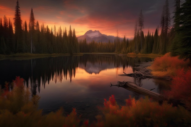 Foresta e lago delle montagne di riflessione nel tramonto sereno IA generativo