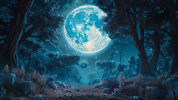 Foresta fantastica magica illuminata dal bagliore della luna piena