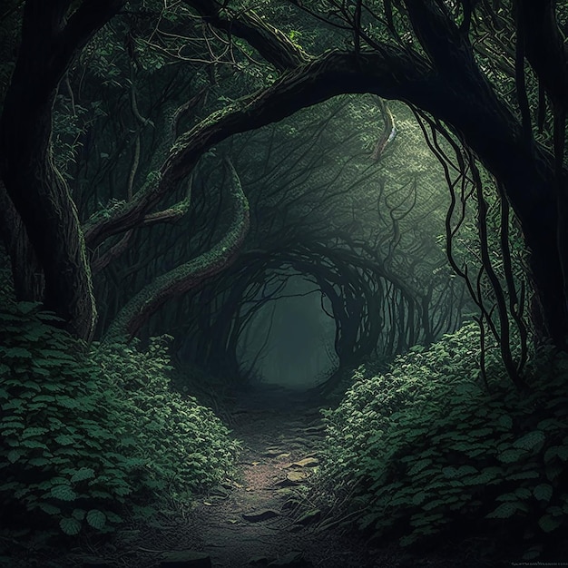 foresta fantasy oscura con alberi