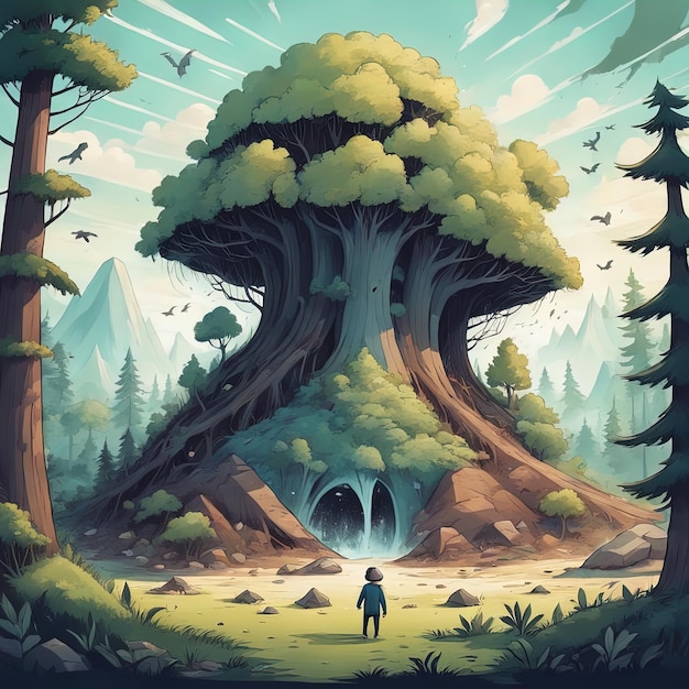 foresta fantasy paesaggio fantasy con un'enorme foresta foresta magica alberi e funghi fantasia per