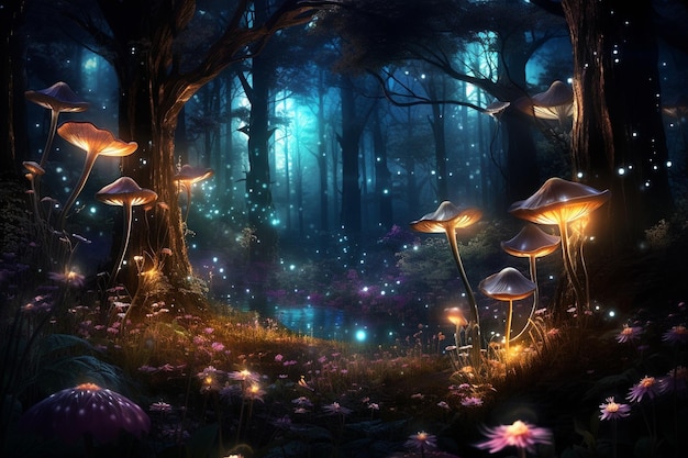 Foresta fatata di notte fantasia fiori luminosi e luci generative