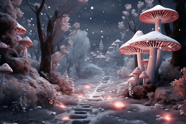 Foresta fatata nella neve invernale con luci magiche